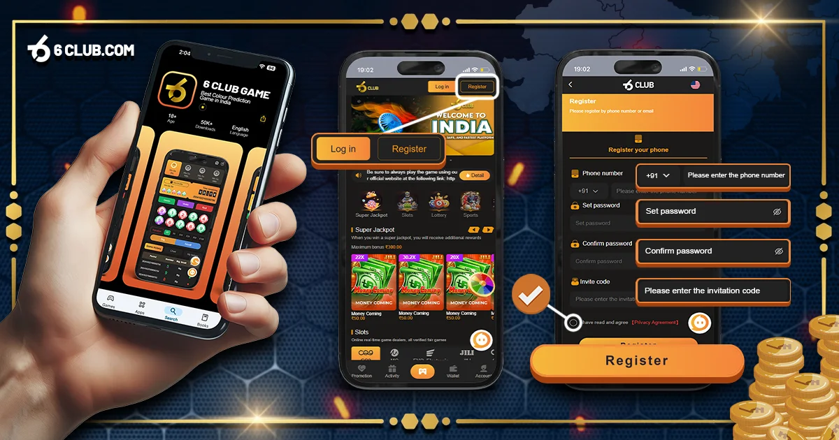 6Club mobile app registration and login interface with easy navigation.