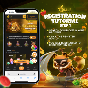 6 Club registration tutorial, step 1, showing the homepage on a smartphone with instructions and a playful raccoon mascot in a vibrant background.