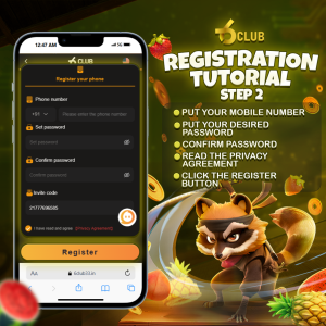 6 Club registration tutorial, step 2, showcasing the registration form with instructions on a smartphone alongside a playful raccoon and colorful background.