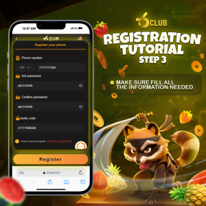 6 Club registration tutorial, step 3, showing the registration form on a smartphone with a playful raccoon and vibrant background.