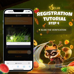 6 Club registration tutorial, step 4, showcasing the slide verification process on a smartphone with a playful raccoon and colorful background.