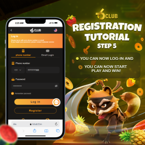 6 Club registration tutorial, step 5, showing the login page on a smartphone with a playful raccoon and vibrant background.
